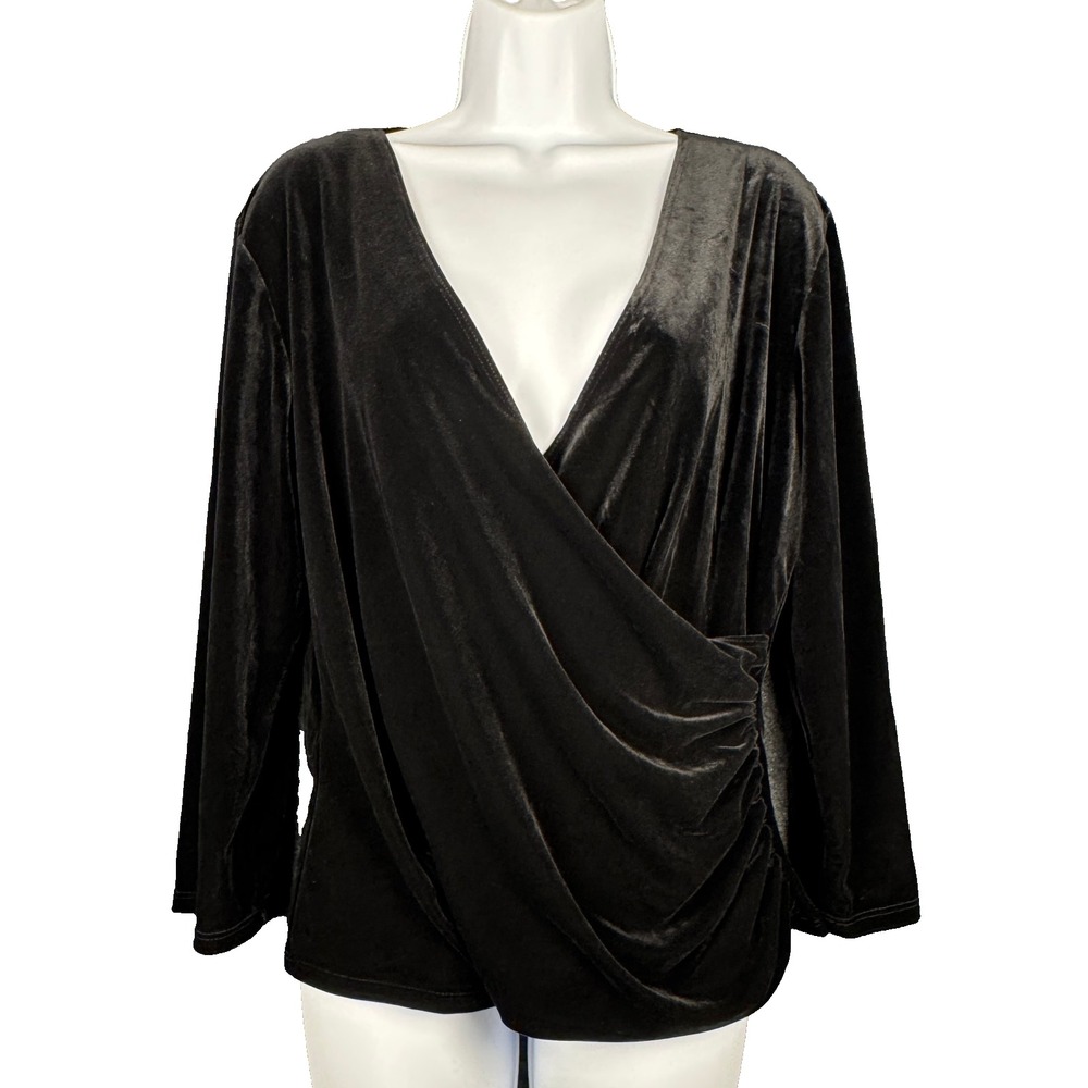 Dressbarn Black Velvet Gaux Wrap Top Low V-Neck Whimsigoth Party Blouse Sz L
